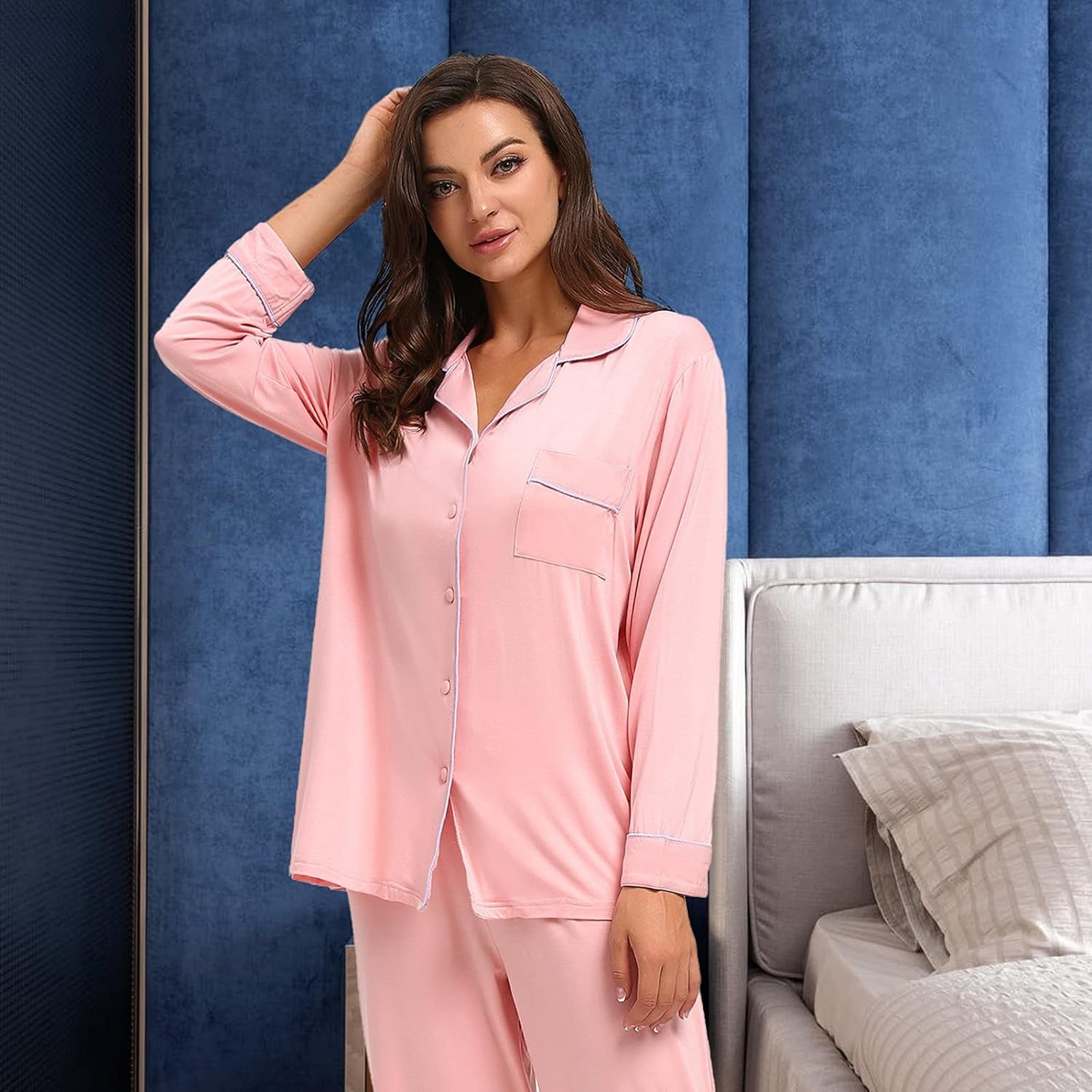 Bamboo Pajamas Sets for Women, Long Sleeve Button down Sleepwear Soft Comfy Pj Lounge Sets S-XXL