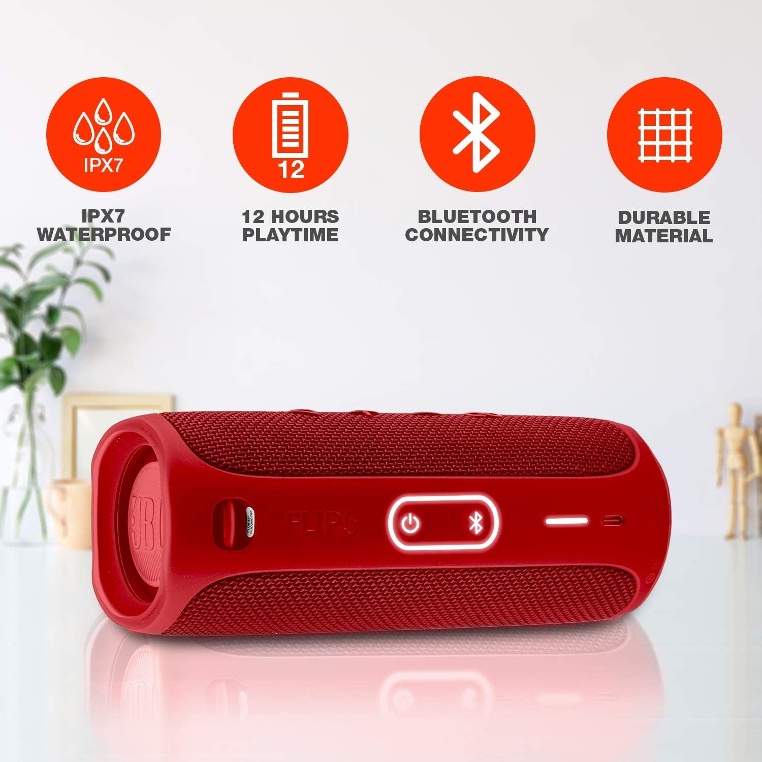 Flip 5: Portable Wireless Bluetooth Speaker, IPX7 Waterproof - Red