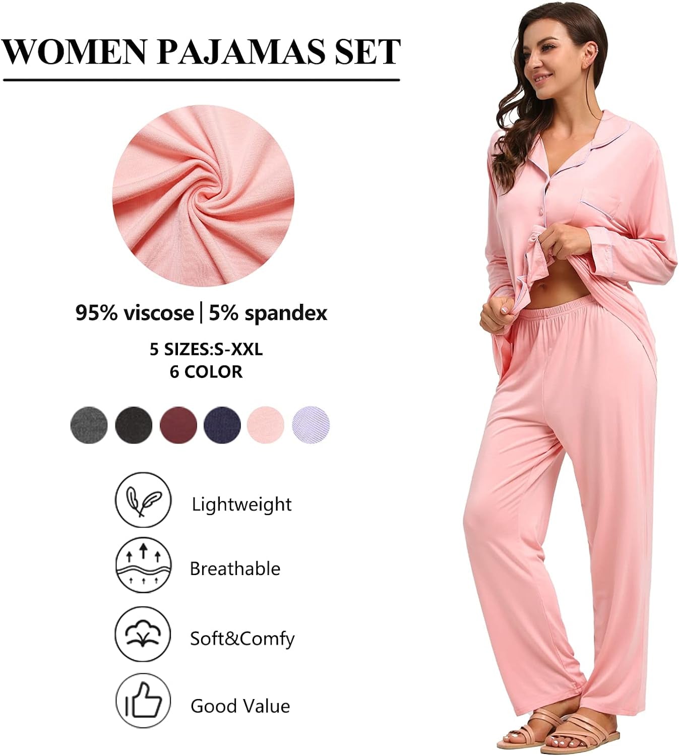 Bamboo Pajamas Sets for Women, Long Sleeve Button down Sleepwear Soft Comfy Pj Lounge Sets S-XXL