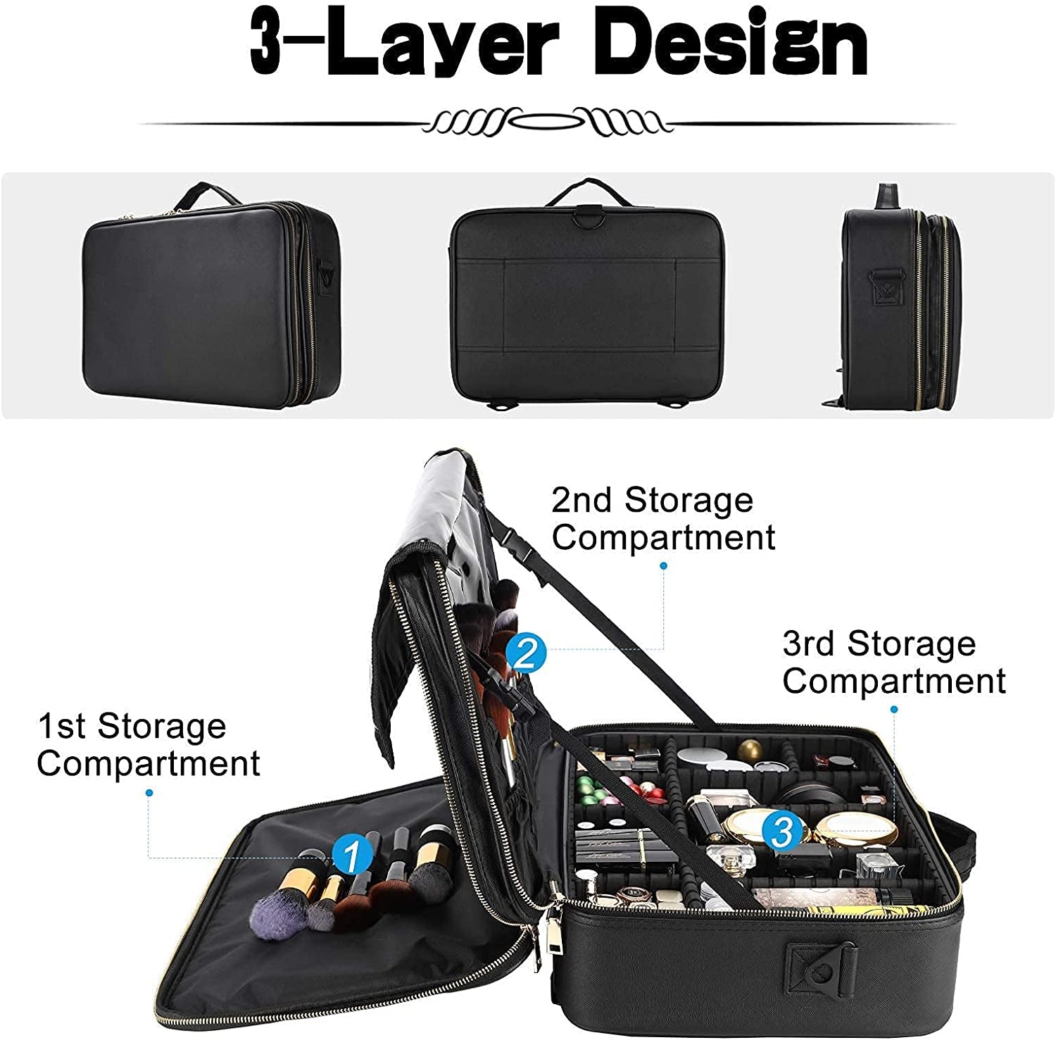 Travel Makeup Train Case PU Leather Professional Makeup Case 16" with Adjustable Strap Portable Cosmetic Organizer Artist Storage Bag for Toiletry Jewelry Digital Accessories (L-Black)