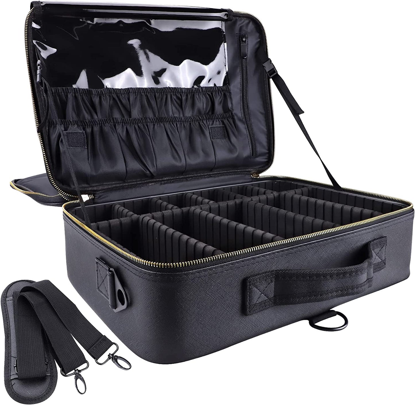 Travel Makeup Train Case PU Leather Professional Makeup Case 16" with Adjustable Strap Portable Cosmetic Organizer Artist Storage Bag for Toiletry Jewelry Digital Accessories (L-Black)