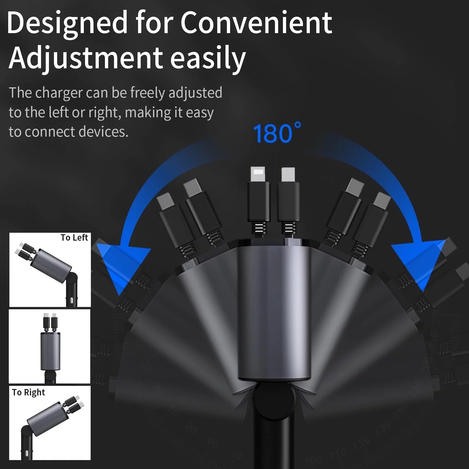 4 in 1 Retractable Car Charger, 100W Fast Car Phone Charger with Iphone and Type C Cable and 2 Charging Ports Car Charger Adapter