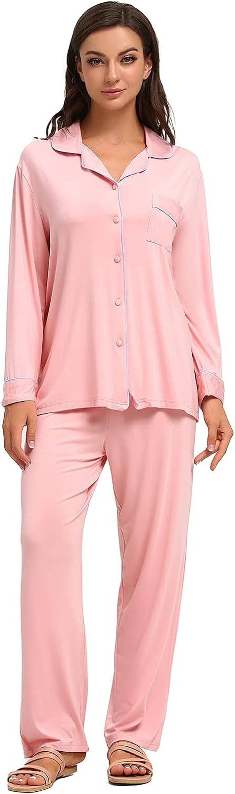 Bamboo Pajamas Sets for Women, Long Sleeve Button down Sleepwear Soft Comfy Pj Lounge Sets S-XXL