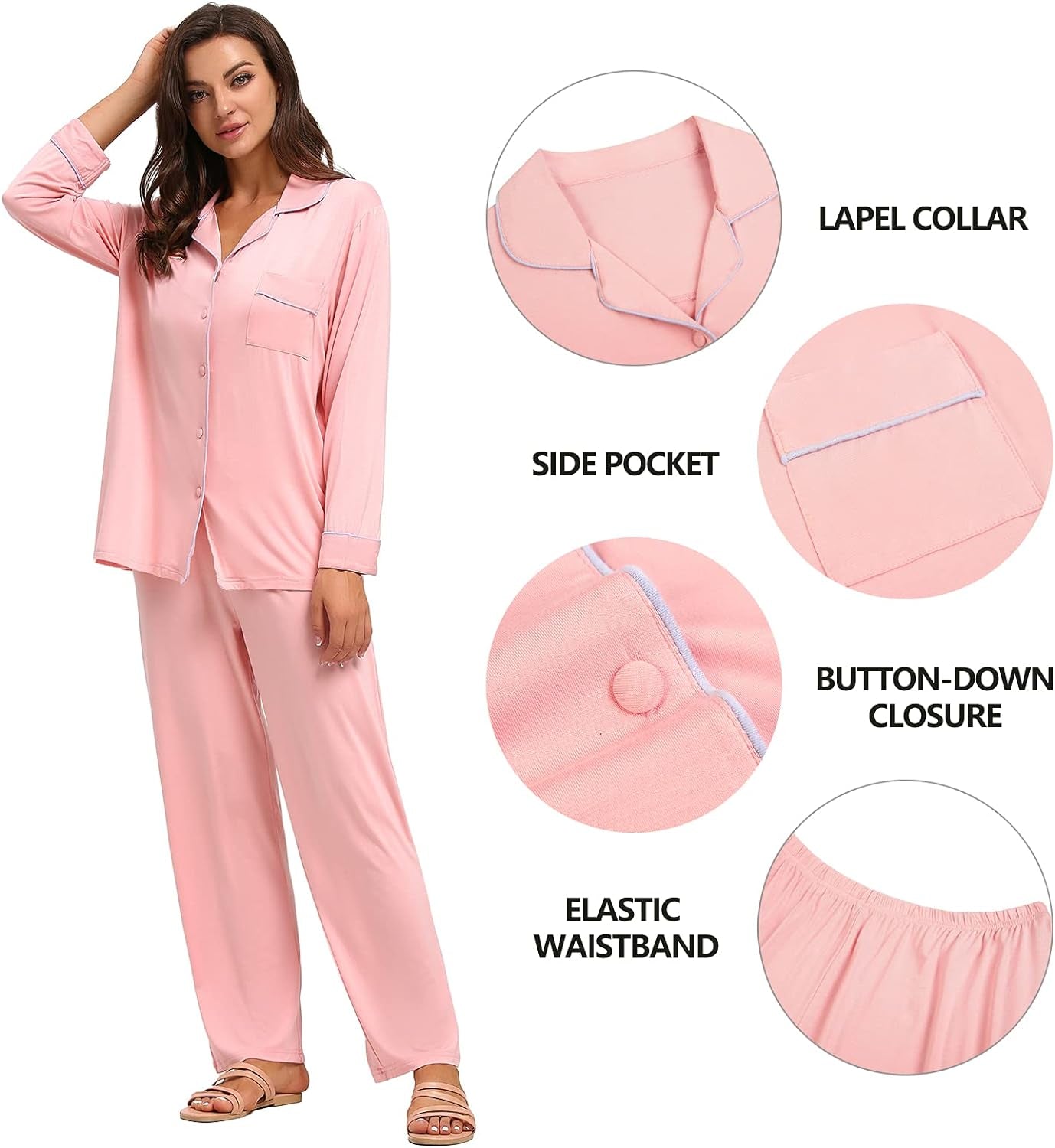 Bamboo Pajamas Sets for Women, Long Sleeve Button down Sleepwear Soft Comfy Pj Lounge Sets S-XXL