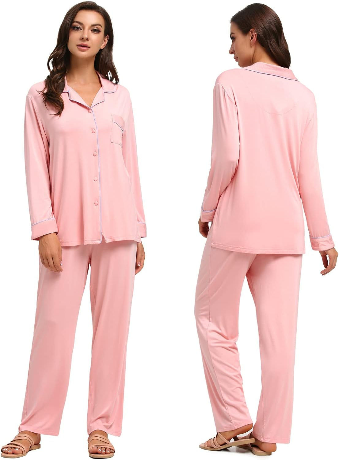 Bamboo Pajamas Sets for Women, Long Sleeve Button down Sleepwear Soft Comfy Pj Lounge Sets S-XXL