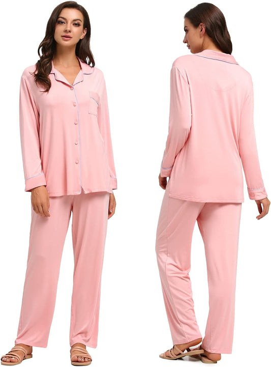 Bamboo Pajamas Sets for Women, Long Sleeve Button down Sleepwear Soft Comfy Pj Lounge Sets S-XXL